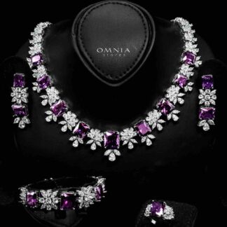 Omnia Charlotte Purple Bridal Full Set with Emerald and Pear-Cut High-Quality Simulated Diamonds Rhodium Plated