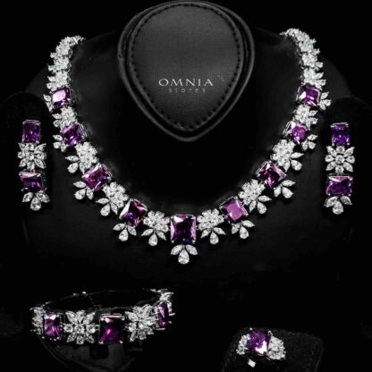 Omnia Charlotte Purple Bridal Full Set with Emerald and Pear-Cut High-Quality Simulated Diamonds Rhodium Plated