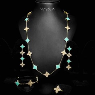 Omnia Golden Clove Turqoise Long Chain Full Set with High-Quality Simulated Diamonds 18k Gold Plated 100cm