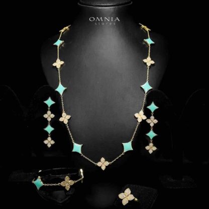 Omnia Golden Clove Turqoise Long Chain Full Set with High-Quality Simulated Diamonds 18k Gold Plated 100cm