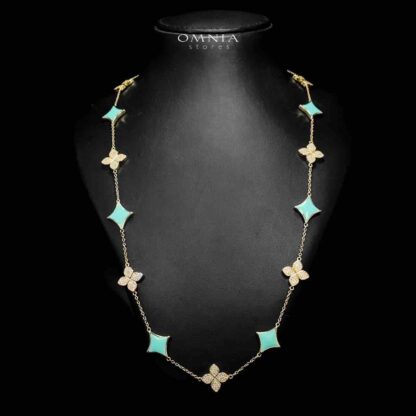 Omnia Golden Clove Turqoise Long Chain Full Set with High-Quality Simulated Diamonds 18k Gold Plated 100cm - Image 2