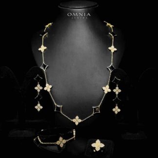 Omnia Golden Clove Black Long Chain Full Set with High-Quality Simulated Diamonds 18k Gold Plated 100cm