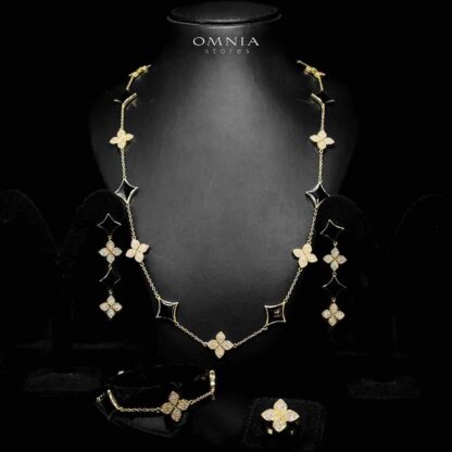 Omnia Golden Clove Black Long Chain Full Set with High-Quality Simulated Diamonds 18k Gold Plated 100cm