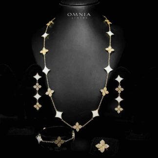 Omnia Golden Clove White Long Chain Full Set with High-Quality Simulated Diamonds 18k Gold Plated 100cm