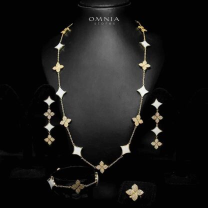 Omnia Golden Clove White Long Chain Full Set with High-Quality Simulated Diamonds 18k Gold Plated 100cm