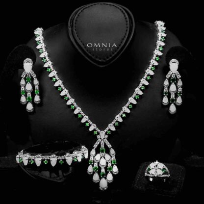 Omnia Salma Silver and Green Full Set with High-Quality Simulated Diamonds Rhodium Plated