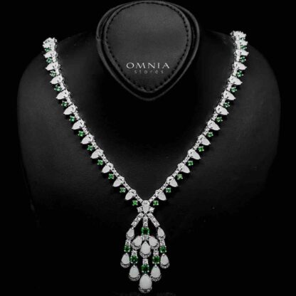 Omnia Salma White and Green Full Set with High-Quality Simulated Diamonds Rhodium Plated - Image 2