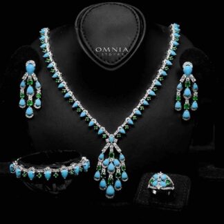 Omnia Salma Turquoise and Green Full Set with High-Quality Simulated Diamonds Rhodium Plated