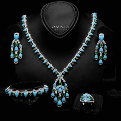 Omnia Salma Turquoise and Green Full Set with High-Quality Simulated Diamonds Rhodium Plated