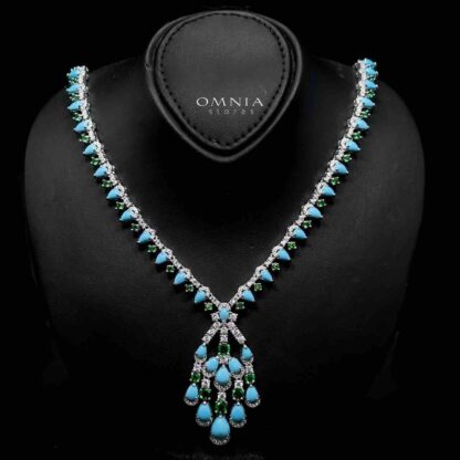 Omnia Salma Turquoise and Green Full Set with High-Quality Simulated Diamonds Rhodium Plated - Image 2