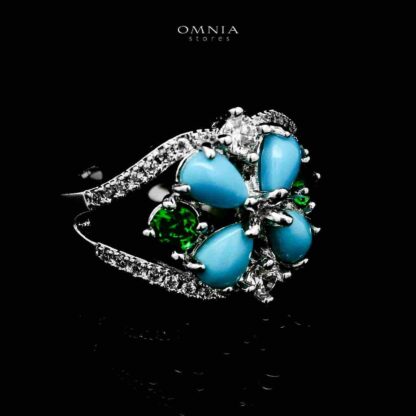 Omnia Salma Turquoise and Green Full Set with High-Quality Simulated Diamonds Rhodium Plated - Image 4
