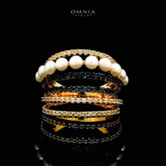 Omnia Inaya Golden Fresh Real Water Pearl Ring In 925 Silver High Quality Simulated Diamonds
