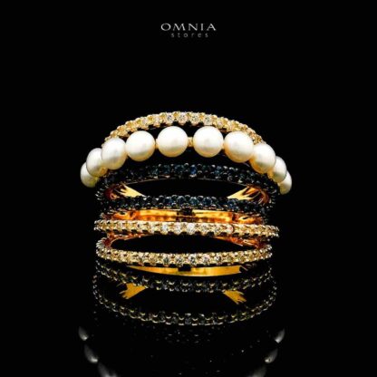 Omnia Inaya Golden Fresh Real Water Pearl Ring In 925 Silver High Quality Simulated Diamonds