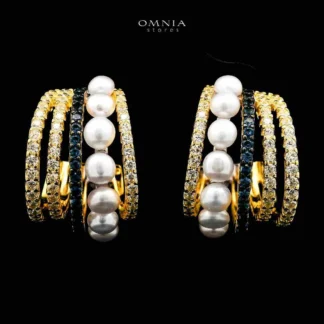 Omnia Inaya Golden Fresh Real Water Pearl Earrings In 925 Silver High Quality Simulated Diamonds
