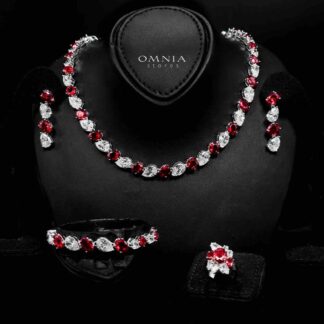 Omnia Lamia White And Red Bridal Full Set with High-Quality Simulated Diamonds Rhodium Plated