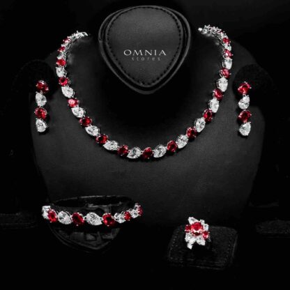 Omnia Lamia White And Red Bridal Full Set with High-Quality Simulated Diamonds Rhodium Plated