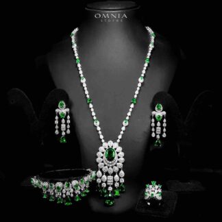 Omnia Aleya Green Bridal Full Long chain Set in High Quality Simulated Diamonds Rhodium Plated