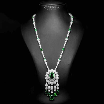 Omnia Aleya Green Bridal Full Long chain Set in High Quality Simulated Diamonds Rhodium Plated - Image 2