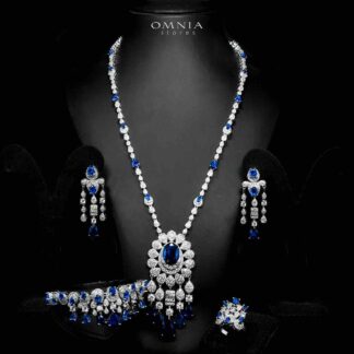 Omnia Aleya Blue Bridal Full Long chain Set in High Quality Simulated Diamonds Rhodium Plated