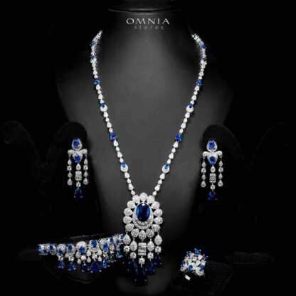 Omnia Aleya Blue Bridal Full Long chain Set in High Quality Simulated Diamonds Rhodium Plated