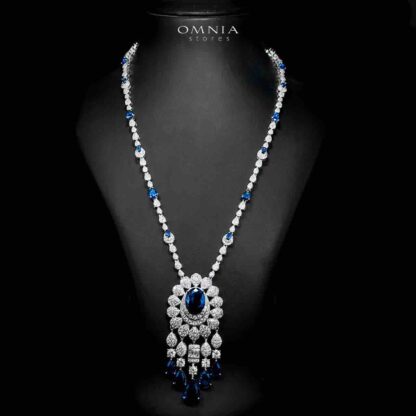 Omnia Aleya Blue Bridal Full Long chain Set in High Quality Simulated Diamonds Rhodium Plated - Image 2