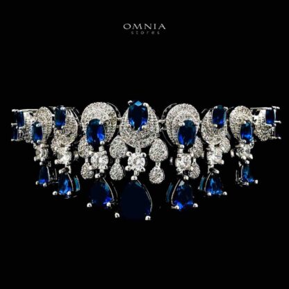 Omnia Aleya Blue Bridal Full Long chain Set in High Quality Simulated Diamonds Rhodium Plated - Image 3
