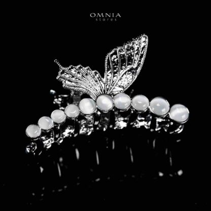 Omnia Ruwayda Pearl Butterfly Silver Hair Clip in High Quality Zircon Stone In Rhodium Plated - Image 3
