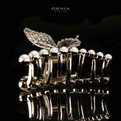 Omnia Ruwayda Pearl Butterfly Light Gold Hair Clip in High Quality Zircon Stone In Rhodium Plated - Image 2