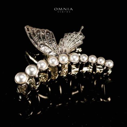 Omnia Ruwayda Pearl Butterfly Light Gold Hair Clip in High Quality Zircon Stone In Rhodium Plated - Image 3