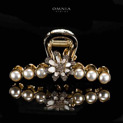 Omnia Ghazala Pearl Flower Design Light Gold Hair Clip in High Quality Zircon Stone In Rhodium Plated