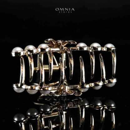 Omnia Ghazala Pearl Flower Design Light Gold Hair Clip in High Quality Zircon Stone In Rhodium Plated - Image 2
