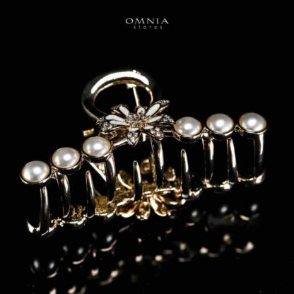 Omnia Ghazala Pearl Flower Design Light Gold Hair Clip in High Quality Zircon Stone In Rhodium Plated - Image 3
