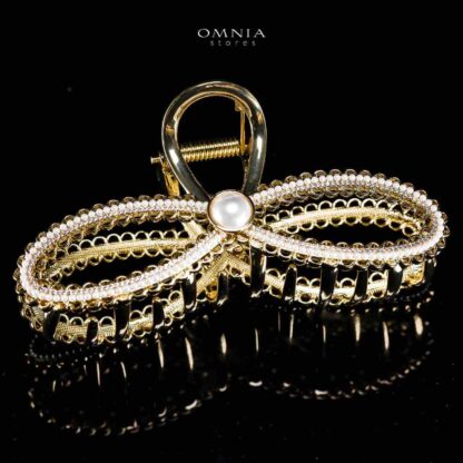 Omnia Aneeqa Pearl Infinity Design Gold Hair Clip in High Quality Zircon Stone In Rhodium Plated - Image 3