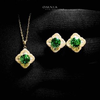 Omnia Zafira Golden Necklace and Earrings Set in 925 Silver with High-Quality Green Ice Cut Stones