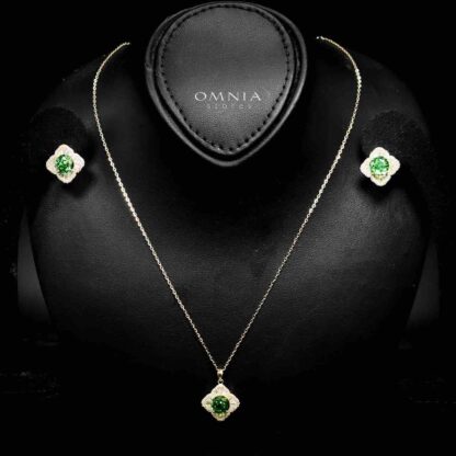 Omnia Zafira Golden Necklace and Earrings Set in 925 Silver with High-Quality Green Ice Cut Stones - Image 2