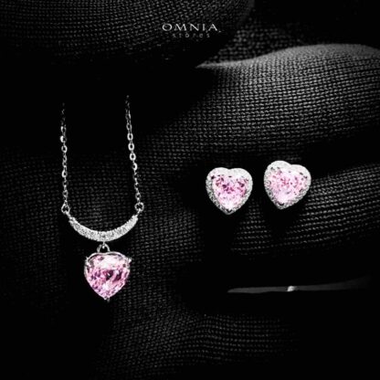 Omnia Shamail Silver Necklace and Earrings Set in 925 Silver with High-Quality Pink Ice Cut Stones