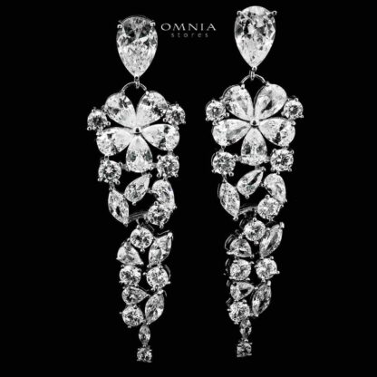 Omnia Qismah Silver Drop Earrings in 925 Silver with High-Quality White CZ Zircon Stones