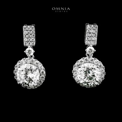 Omnia Raneesa Silver Drop Earrings in 925 Silver with High-Quality White Moissanite Stones