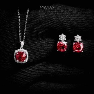 Omnia Nawara Silver Necklace and Earrings Set in 925 Silver with High-Quality Red Ice Cut Stones