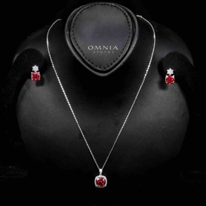 Omnia Nawara Silver Necklace and Earrings Set in 925 Silver with High-Quality Red Ice Cut Stones - Image 2