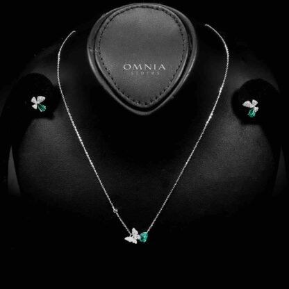 Omnia Nardeen Silver Butterfly Necklace and Earrings Set in 925 Silver with High-Quality Green Ice Cut Stones - Image 2