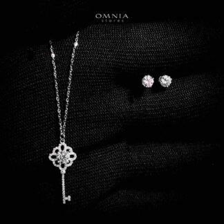Omnia Zohour Silver Key Design Necklace and Earrings Set in 925 Silver with High-Quality White Moissanite Stones