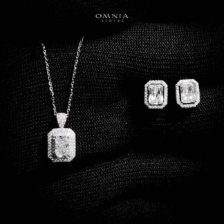 Omnia Najah Silver Rectangle Shape Necklace and Earrings Set in 925 Silver with High-Quality White Ice Cut Stones