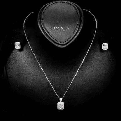 Omnia Najah Silver Rectangle Shape Necklace and Earrings Set in 925 Silver with High-Quality White Ice Cut Stones - Image 2