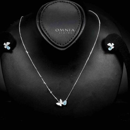 Omnia Nardeen Silver Butterfly Necklace and Earrings Set in 925 Silver with High-Quality Blue Ice Cut Stones - Image 2
