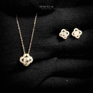 Omnia Areesha Golden Necklace and Earrings Set in 925 Silver with High-Quality White Ice Cut Stones