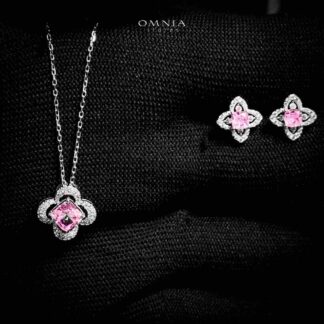 Omnia Ziyana Silver Necklace and Earrings Set in 925 Silver with High-Quality Pink Ice Cut Stones