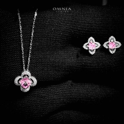 Omnia Ziyana Silver Necklace and Earrings Set in 925 Silver with High-Quality Pink Ice Cut Stones