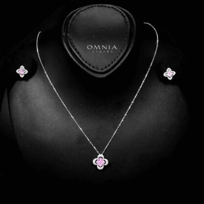 Omnia Ziyana Silver Necklace and Earrings Set in 925 Silver with High-Quality Pink Ice Cut Stones - Image 2