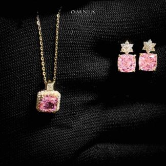 Omnia Shayla Golden Necklace and Earrings Set in 925 Silver with High-Quality Pink Ice Cut Stones
